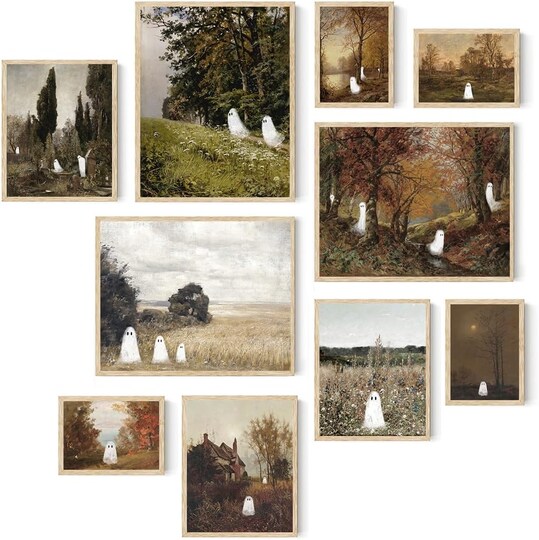 Vintage Ghost Halloween Wall Art – Retro Spooky Fall Canvas Prints, Farmhouse Aesthetic Posters for Home, Bedroom & Living Room Decor (Unframed)